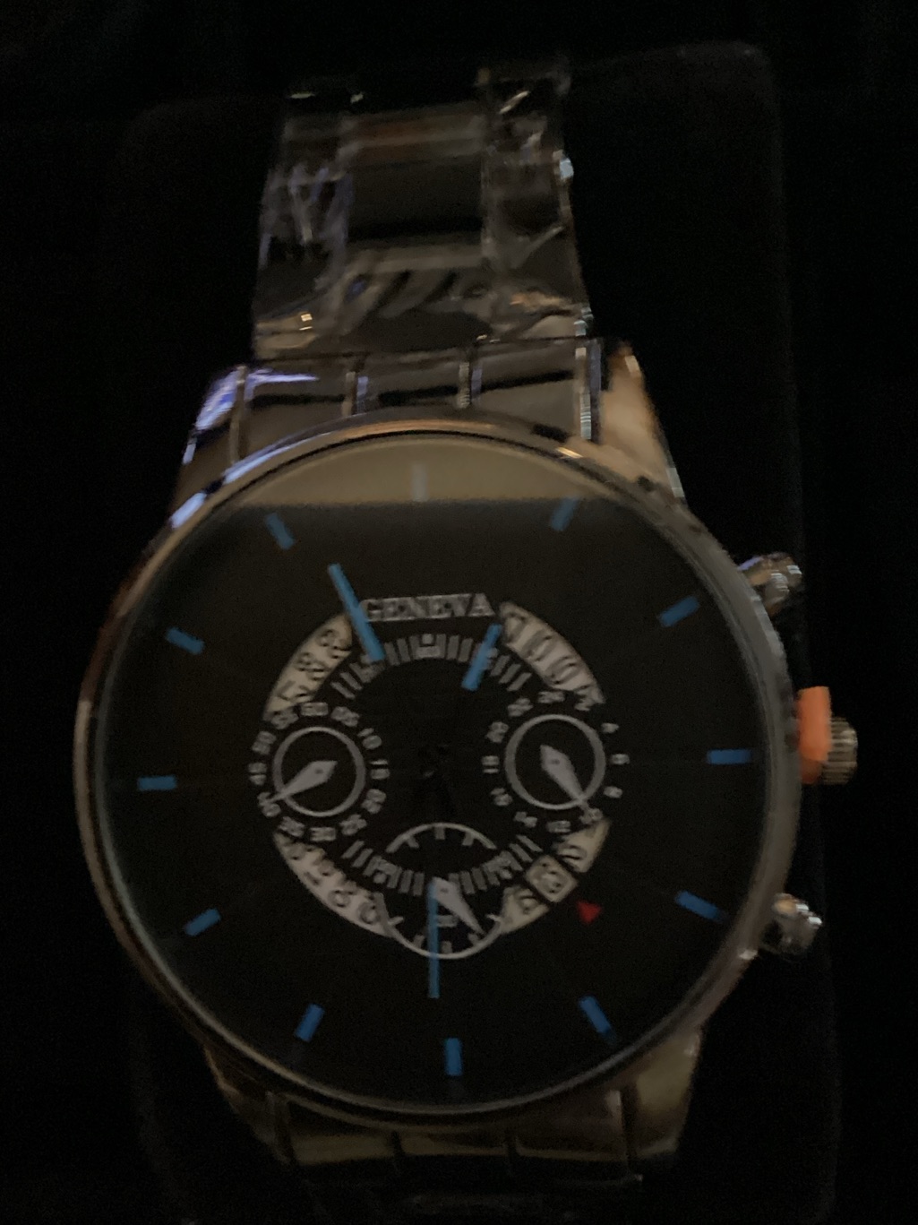 Geneva Black Dial Watch With Blue Accents And Silver Bracelet